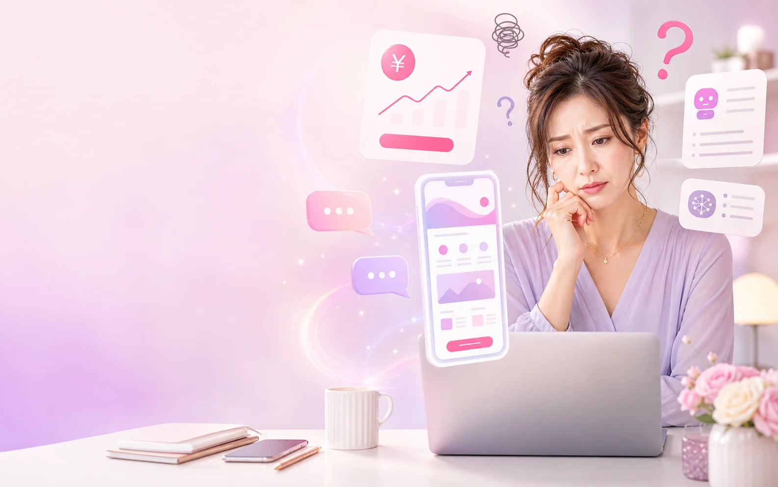 LP作成の準備でノートPCの前に手が止まっている女性起業家